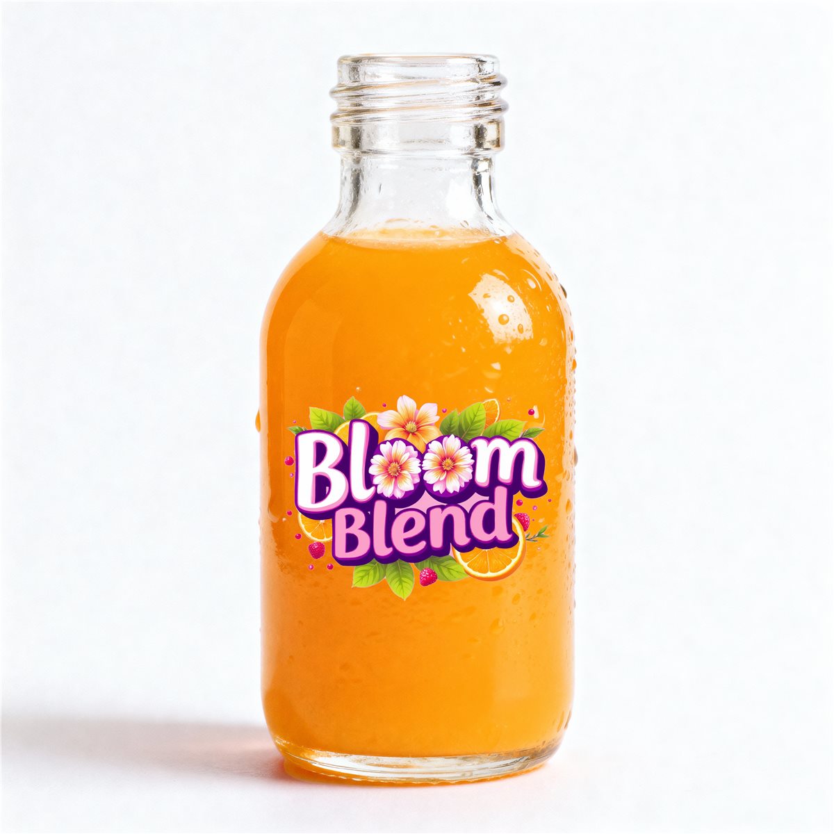 Bloom Blend orange juice bottle with colourful brand identity
